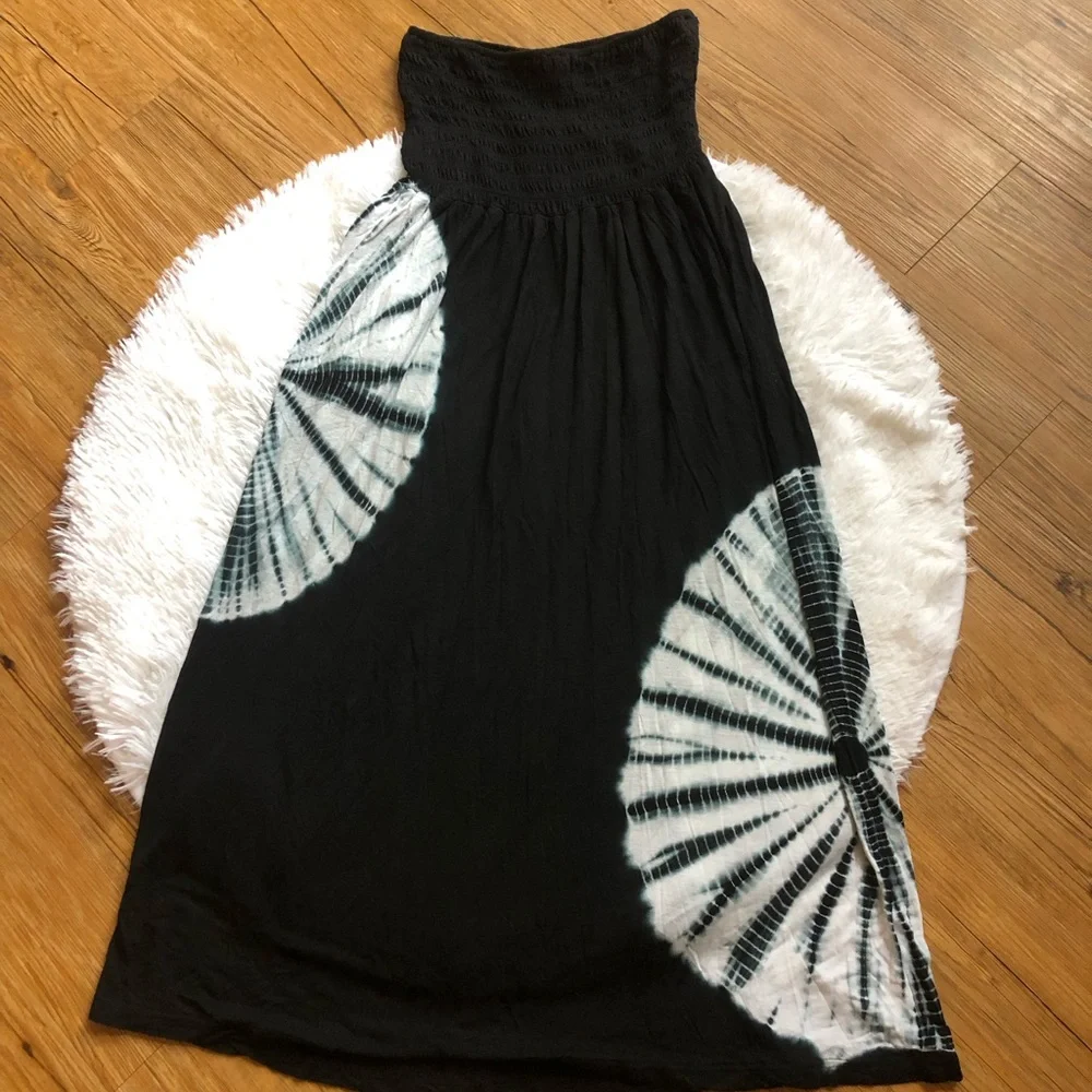 StyleWorks Black and White Tie Dye Bandeau Strapless Maxi Dress - Picture 5 of 11
